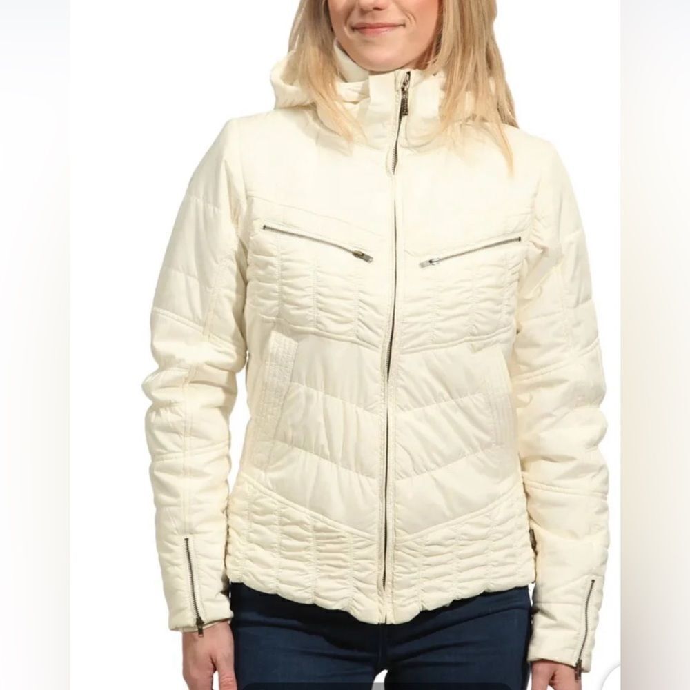 PrAna bone zipper front & sleeve hems puffer jacket. Medium.